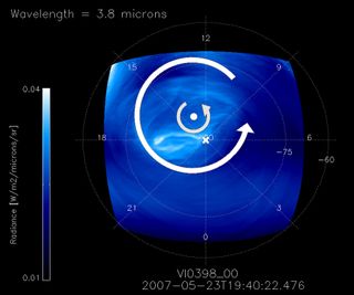 This image shows the polar region of Venus, at a wavelength of 3.8 microns. The arrows denote the motion of the atmosphere around a center of rotation (marked with a white dot). The center of rotation is found to be displaced on average by about 300 km fr
