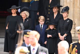 Queen Camilla, Kate Middleton, Prince George, Princess Charlotte, Duchess Sophie all wear black at Queen Elizabeth's State Funeral on September 19, 2022