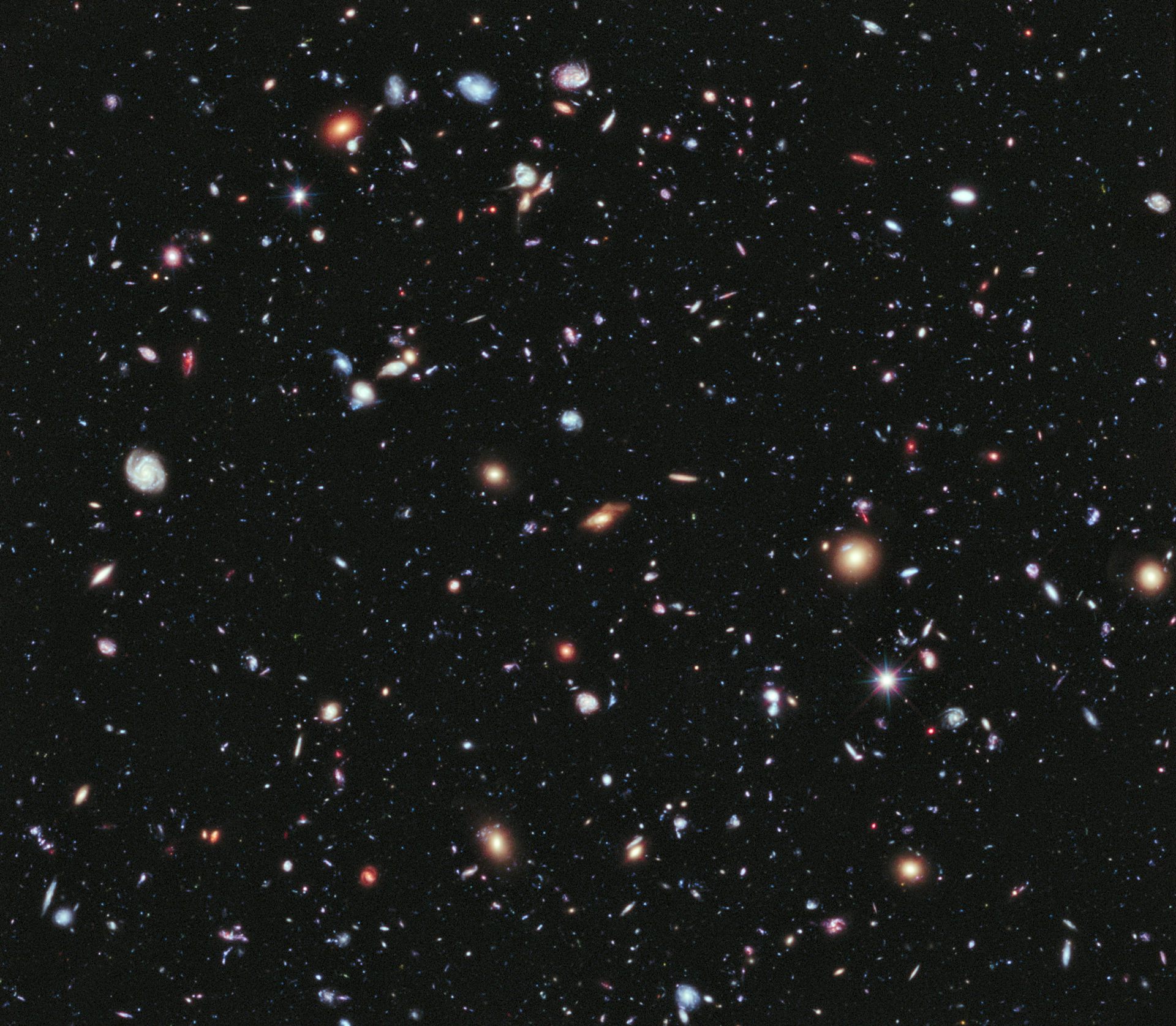 This image, called the Hubble eXtreme Deep Field (XDF), combines Hubble observations taken over the past decade of a small patch of sky in the constellation of Fornax. With a total of over two million seconds of exposure time, it is the deepest image of the Universe ever made, combining data from previous images including the Hubble Ultra Deep Field (taken in 2002 and 2003) and Hubble Ultra Deep Field Infrared (2009)