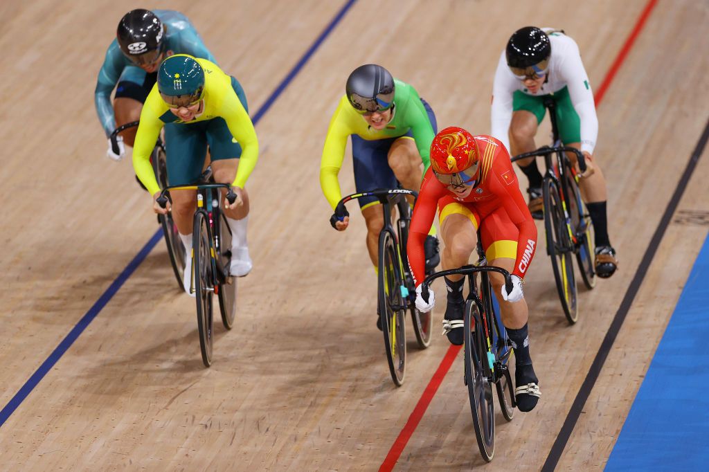 IZU JAPAN AUGUST 04 LR Wai Sze Lee of Team Hong Kong Kaarle Mcculloch of Team Australia Simona Krupeckaite of Team Lithuania Shanju Bao of Team China and Yuli Verdugo Osuna of Team Mexico compete during the Womens Keirin repechages heat 2 of the track cycling on day twelve of the Tokyo 2020 Olympic Games at Izu Velodrome on August 04 2021 in Izu Japan Photo by Tim de WaeleGetty Images