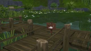 A well-established Sims 4 pond, with trees, fish, and various wildlife