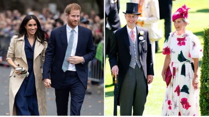 A composite of a picture of Prince Harry and Meghan in Australia in 2018 and a picture of Prince Edward and Sophie at Ascot 2025
