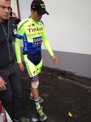 Alberto Contador (Tinkoff-Saxo) heads to the medical station after his stage 10 crash