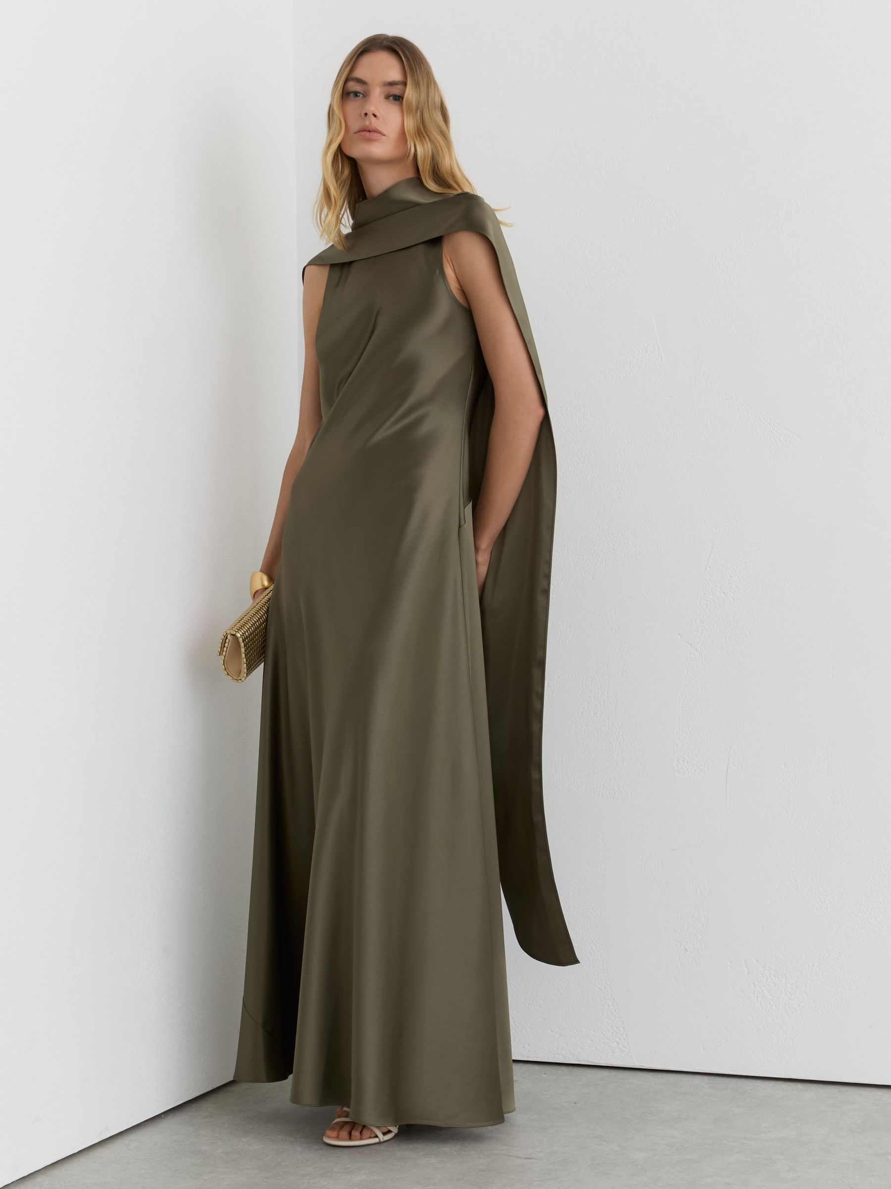 Petite Satin Cape Maxi Dress in Khaki Green - Size 4