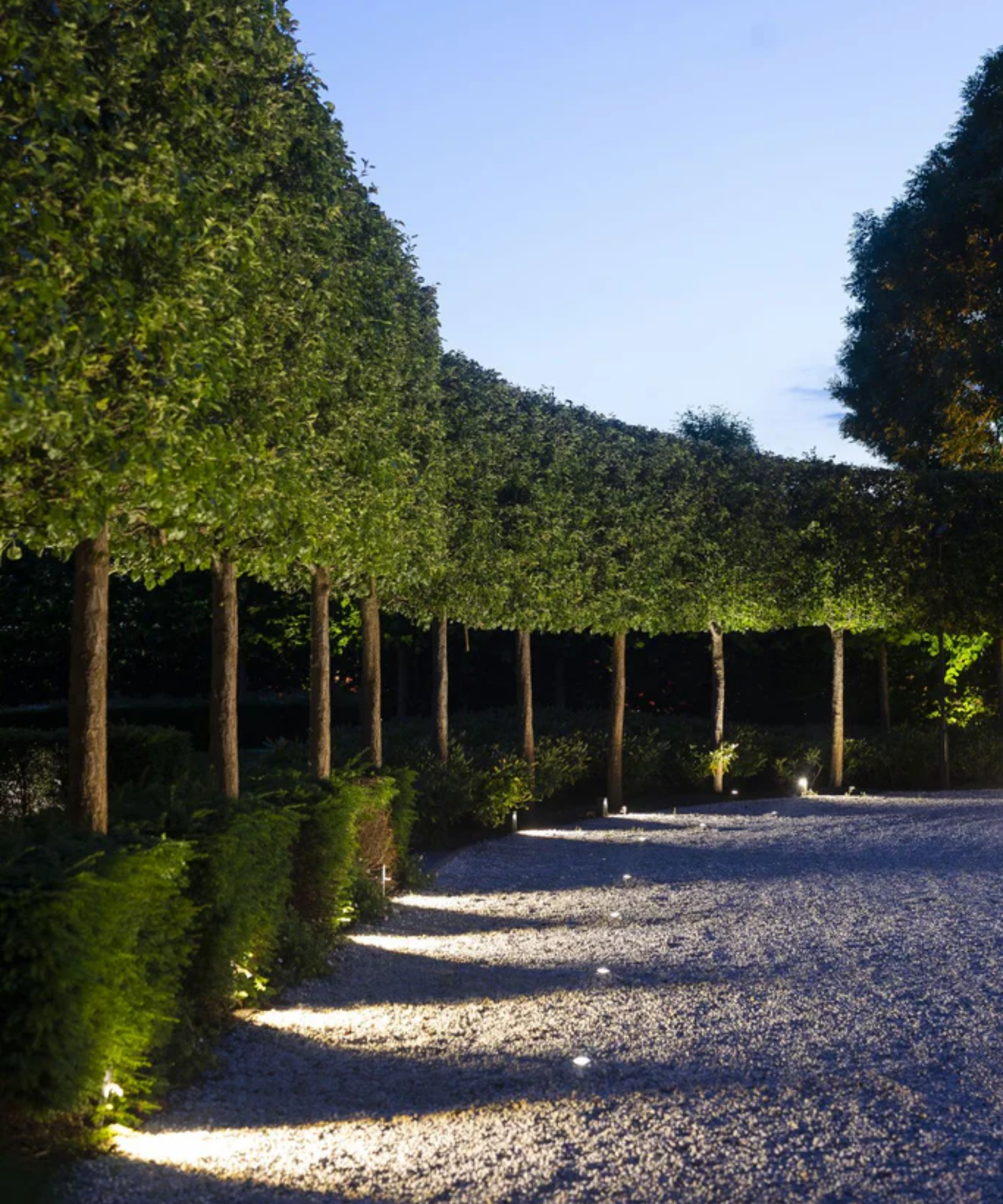 Gravel driveway lit p by lights