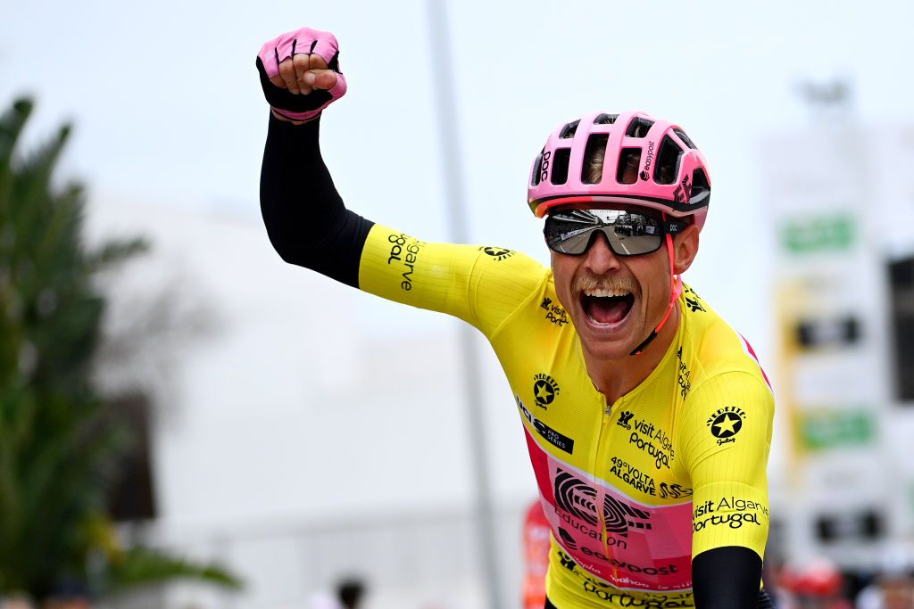 TAVIRA PORTUGAL FEBRUARY 17 Magnus Cort Nielsen of Denmark and Team EF Education Easypost Yellow Leader Jersey celebrates at finish line as stage winner during the 49th Volta ao Algarve em Bicicleta 2023 Stage 3 a 2031km stage from Faro to Tavira VAlgarve2023 on February 17 2023 in Taviria Portugal Photo by Tim de WaeleGetty Images