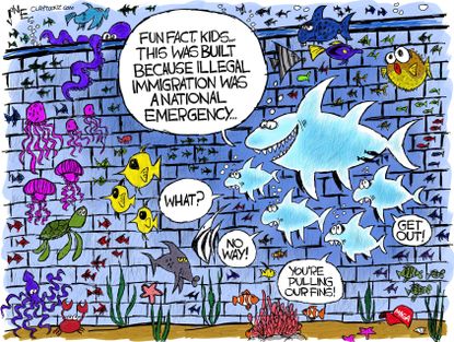 Political Cartoon U.S Underwater border wall fishes