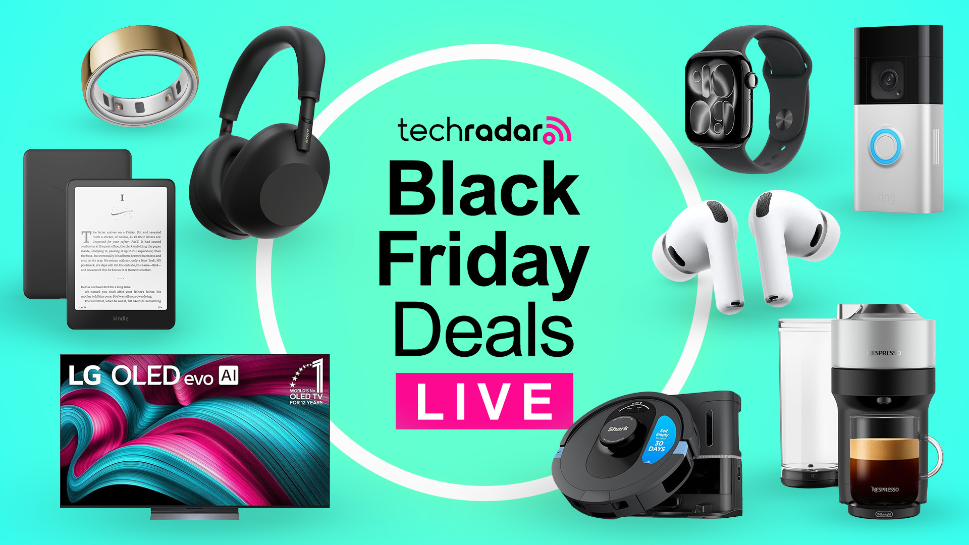 Collage of tech from the Black Friday sales on a turquoise background