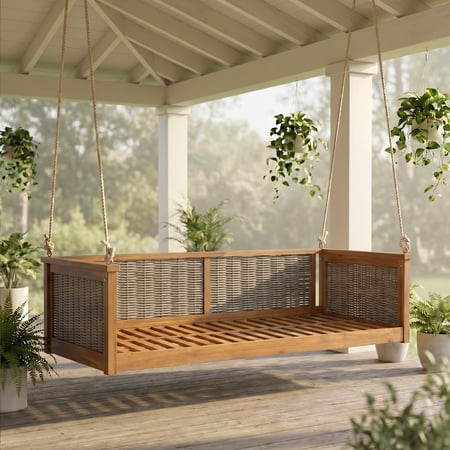 Swing Bed, Twin Size Outdoor Hanging Daybed With Acacia Wood and Hand-Woven Rattan Frame, Teak Finish, 79.5x41.3x20.9 Inch, With 7.5ft Ropes for Backyard Garden Porch and Poolside