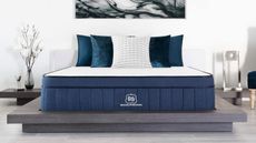 Brooklyn Bedding Aurora Luxe Cooling Mattress on a bed against a white wall. 