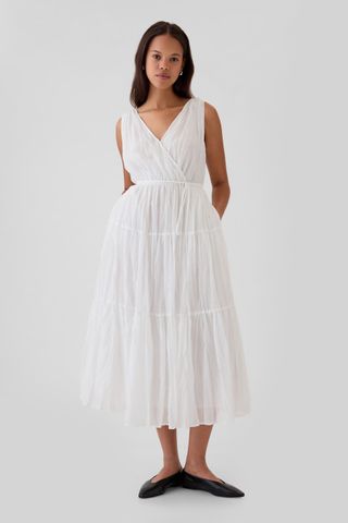 White Pleated Tiered V Neck Midi Dress