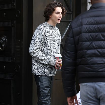 Timothée Chalamet in black leather pants and a gray sweater