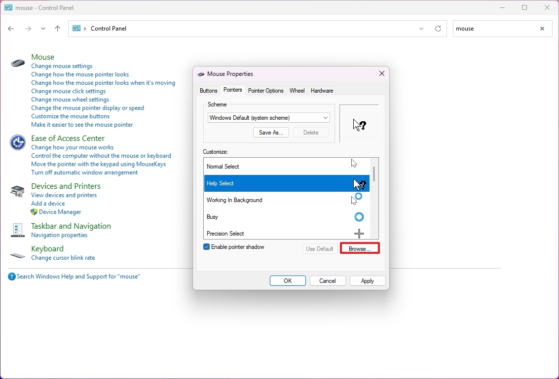 Control Panel change mouse pointer image