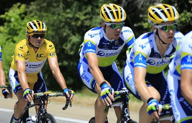 Simon Gerrans sits in the Orica GreenEdge train