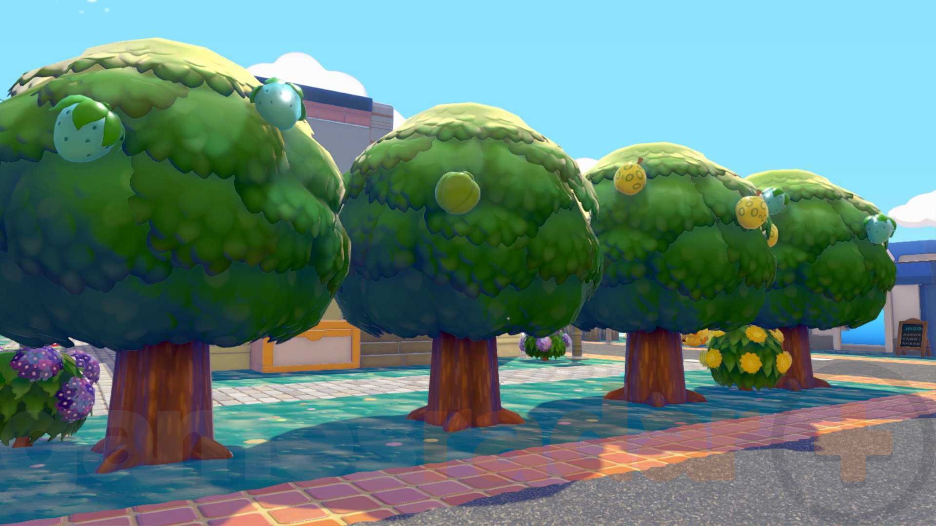 Four berry trees lined up in Pokopia, the berries from which are used to make paint.
