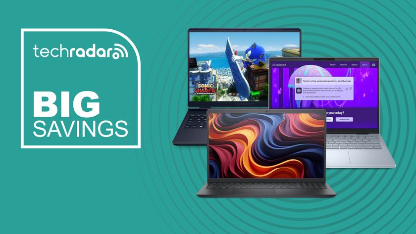 Collage of Dell laptops on a green background next to TechRadar big savings badge