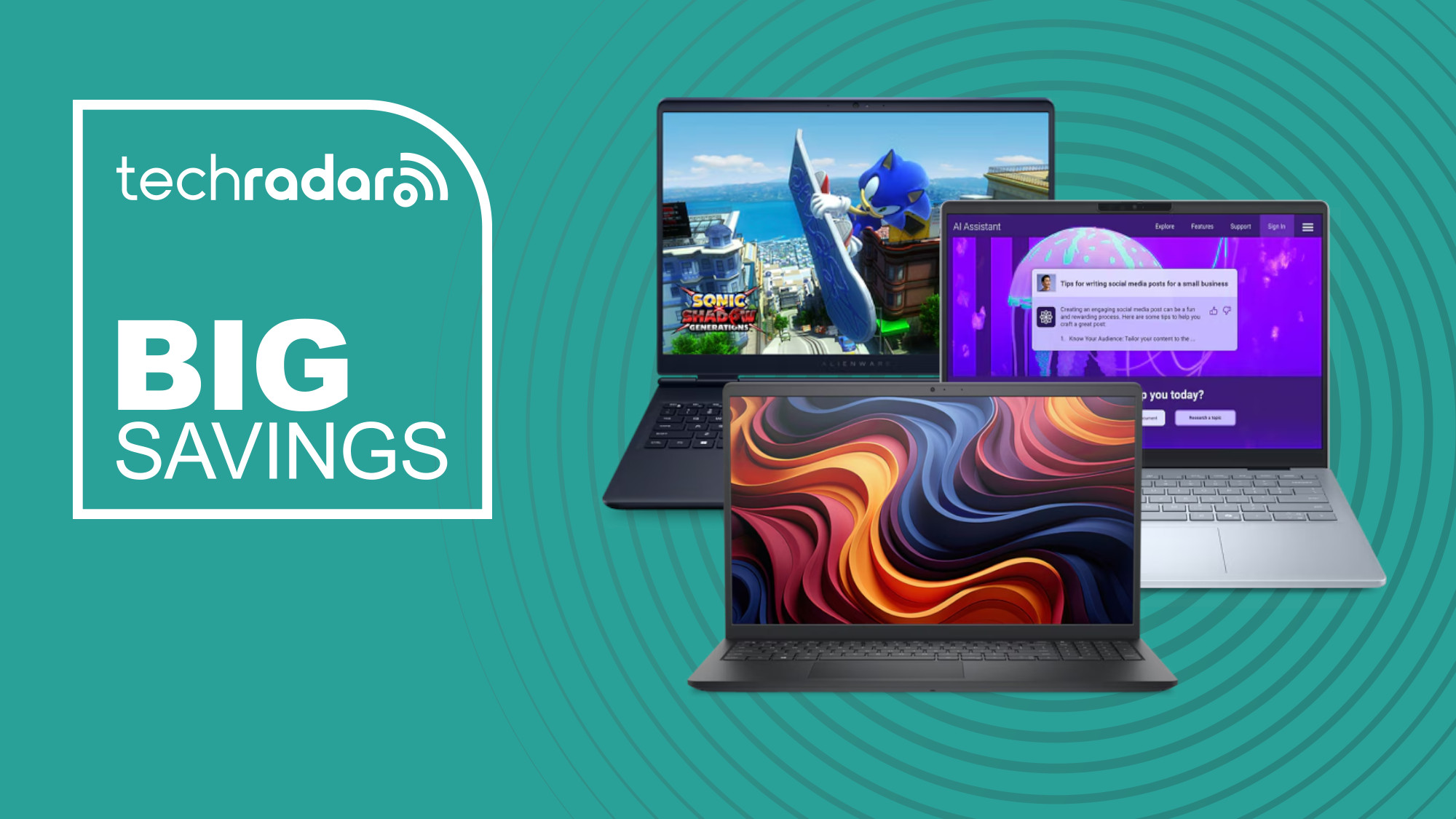 Collage of Dell laptops on a green background next to TechRadar big savings badge