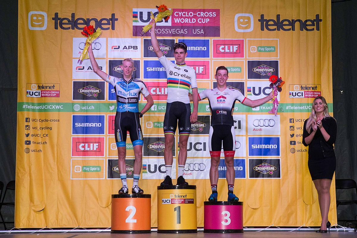 Wout Van Aert flanked by Michael Vanthourenhout and Laurens Sweeck on the 2016 CrossVegas podium.