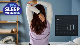 Image shows Tom's Guide sleep tech tester Eve Davies wearing a Whoop sleep tracker while sitting on the side of her bed. This wearable tracks sleep consistency, which new research says is the 'master switch' for longevity and is a huge predictor of how well you're ageing. An inset picture shows a screengrab from the sleep tracker with a Sleep Consistency score of 75%.