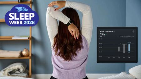 Image shows Tom's Guide sleep tech tester Eve Davies wearing a Whoop sleep tracker while sitting on the side of her bed. This wearable tracks sleep consistency, which new research says is the 'master switch' for longevity and is a huge predictor of how well you're ageing. An inset picture shows a screengrab from the sleep tracker with a Sleep Consistency score of 75%.