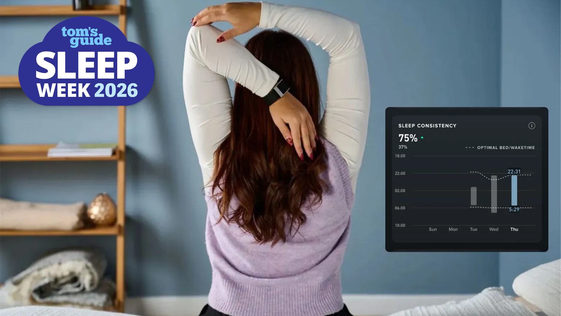 Image shows Tom's Guide sleep tech tester Eve Davies wearing a Whoop sleep tracker while sitting on the side of her bed. This wearable tracks sleep consistency, which new research says is the 'master switch' for longevity and is a huge predictor of how well you're ageing. An inset picture shows a screengrab from the sleep tracker with a Sleep Consistency score of 75%.