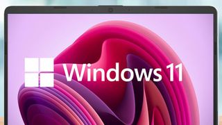 A laptop screen showing the Windows 11 logo and a wallpaper