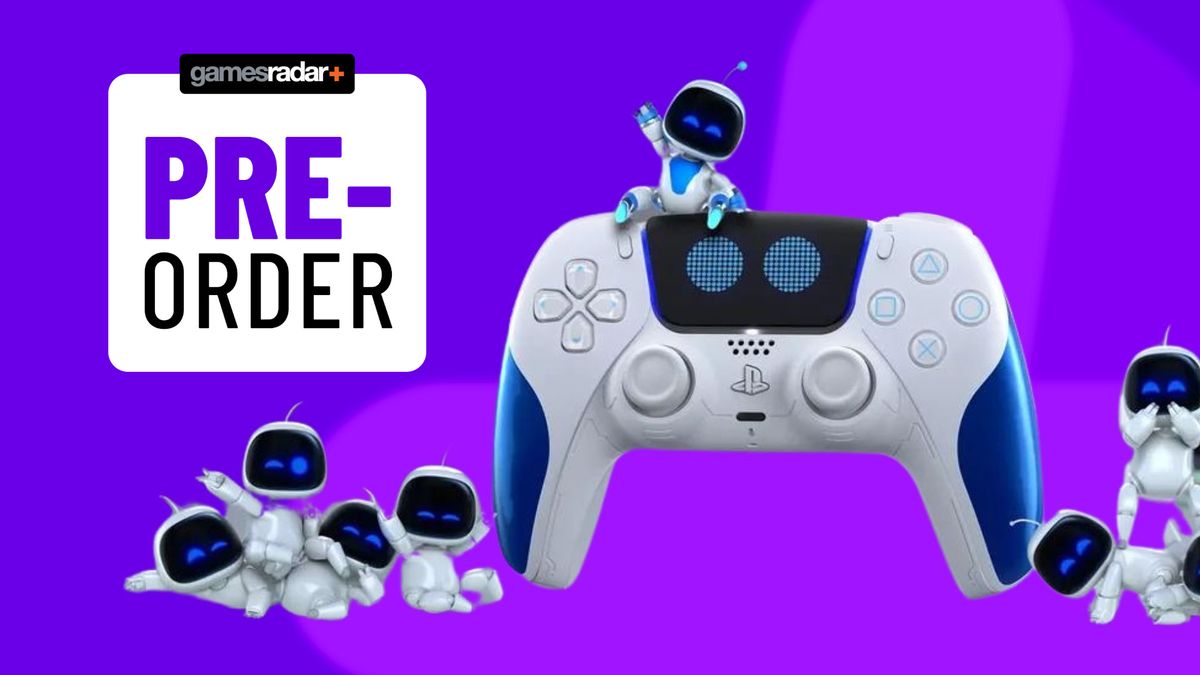 Astro Bot DualSense controller with pre-order badge on a purple background