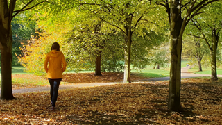 Woman walking alone through woods