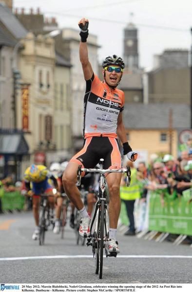 Marcin Bialoblocki (Node4 Girodana) celebrates winning the opening stage of the 2012 An Post R