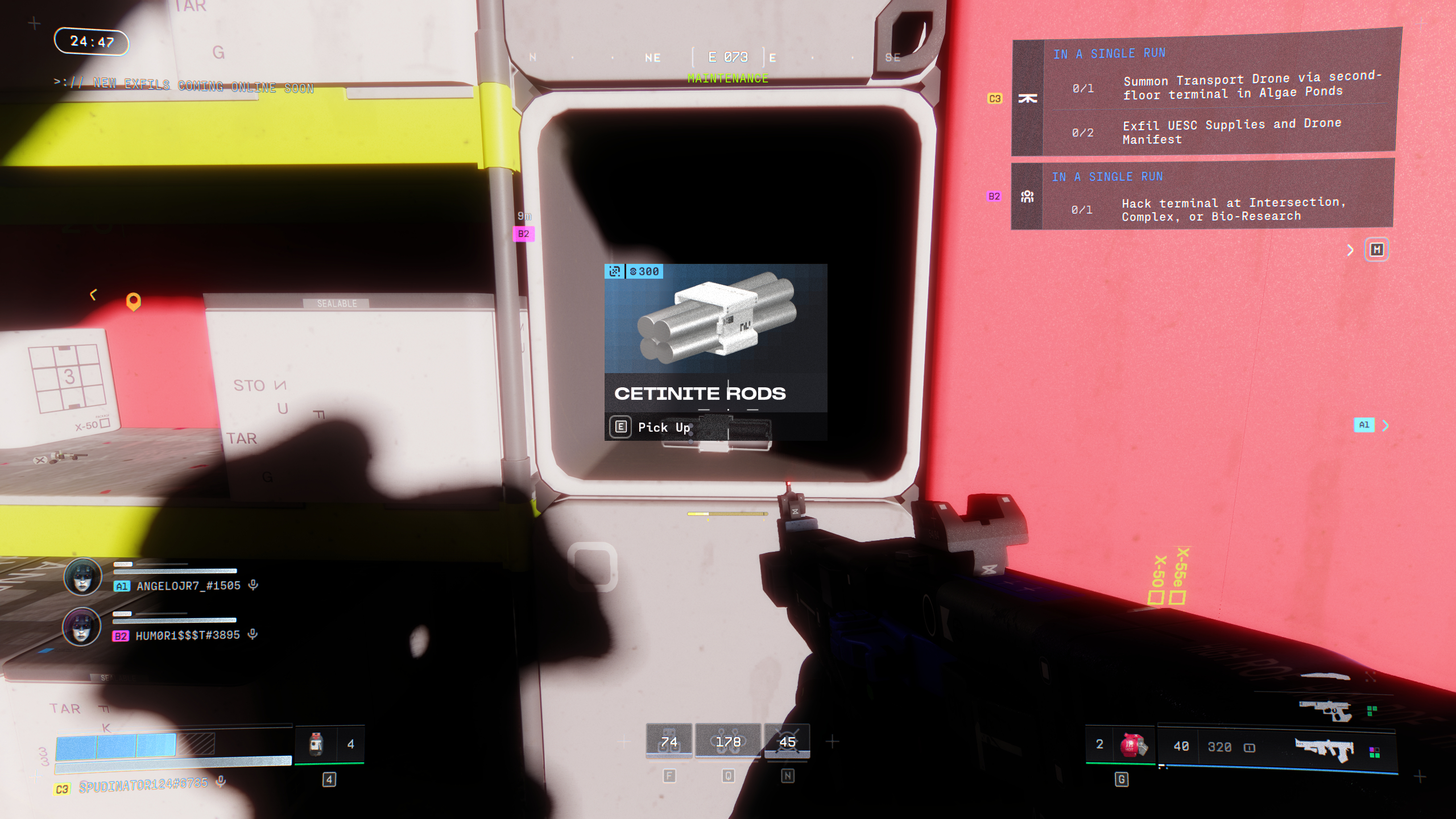 Marathon Cutthroat Competition: A player looking at Cetinite Rods in a cubby in Maintenance in Dire Marsh.