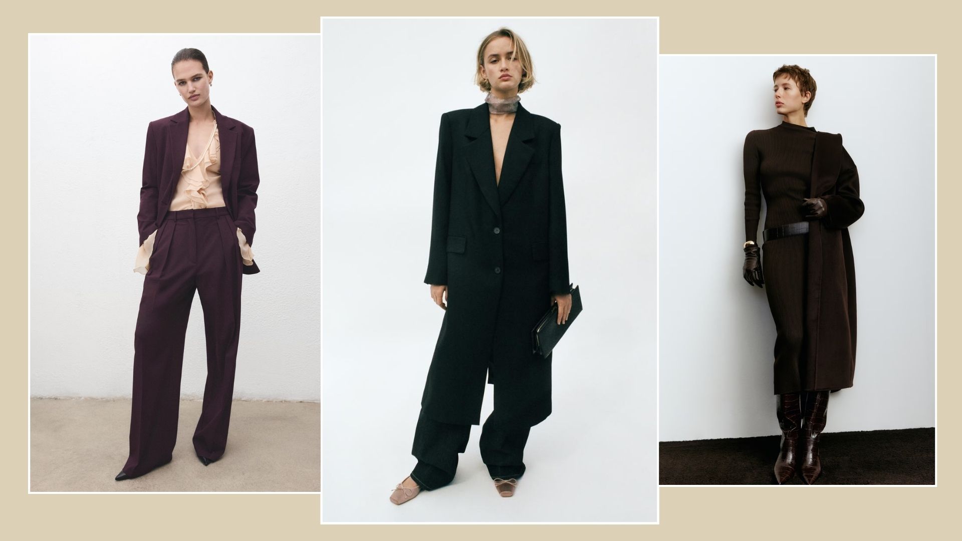 Woman wears burgundy suit; woman wears black coat and tailored trousers; woman wears knit dress and knee high boots