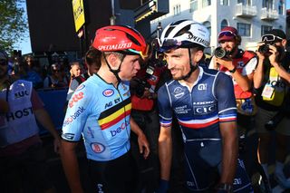WOLLONGONG AUSTRALIA SEPTEMBER 25 Gold medalist Remco Evenepoel of Belgium L celebrates with Julian Alaphilippe of France R after the 95th UCI Road World Championships 2022 Men Elite Road Race a 2669km race from Helensburgh to Wollongong Wollongong2022 on September 25 2022 in Wollongong Australia Photo by Tim de WaeleGetty Images