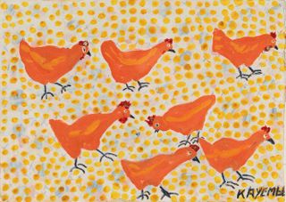 Image of artwork depicting orange chickens
