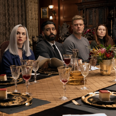 ate Siegel as Camille L'Espanaye, Rahul Kohli as Napoleon Usher, Matt Biedel as Bill-T Wilson, Samantha Sloyan as Tamerlane Usher in episode 101 of The Fall of the House of Usher