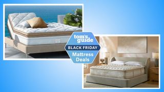 The image shows the cream and gold Saatva Solaire mattress against a blue ocean backdrop on the left and the cream and gold Saatva Rx mattress on a grey bedframe in a neutrally decorated bedroom on the right, in a side by side comparison