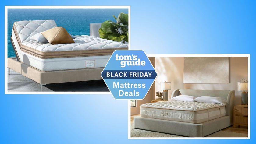 The image shows the cream and gold Saatva Solaire mattress against a blue ocean backdrop on the left and the cream and gold Saatva Rx mattress on a grey bedframe in a neutrally decorated bedroom on the right, in a side by side comparison