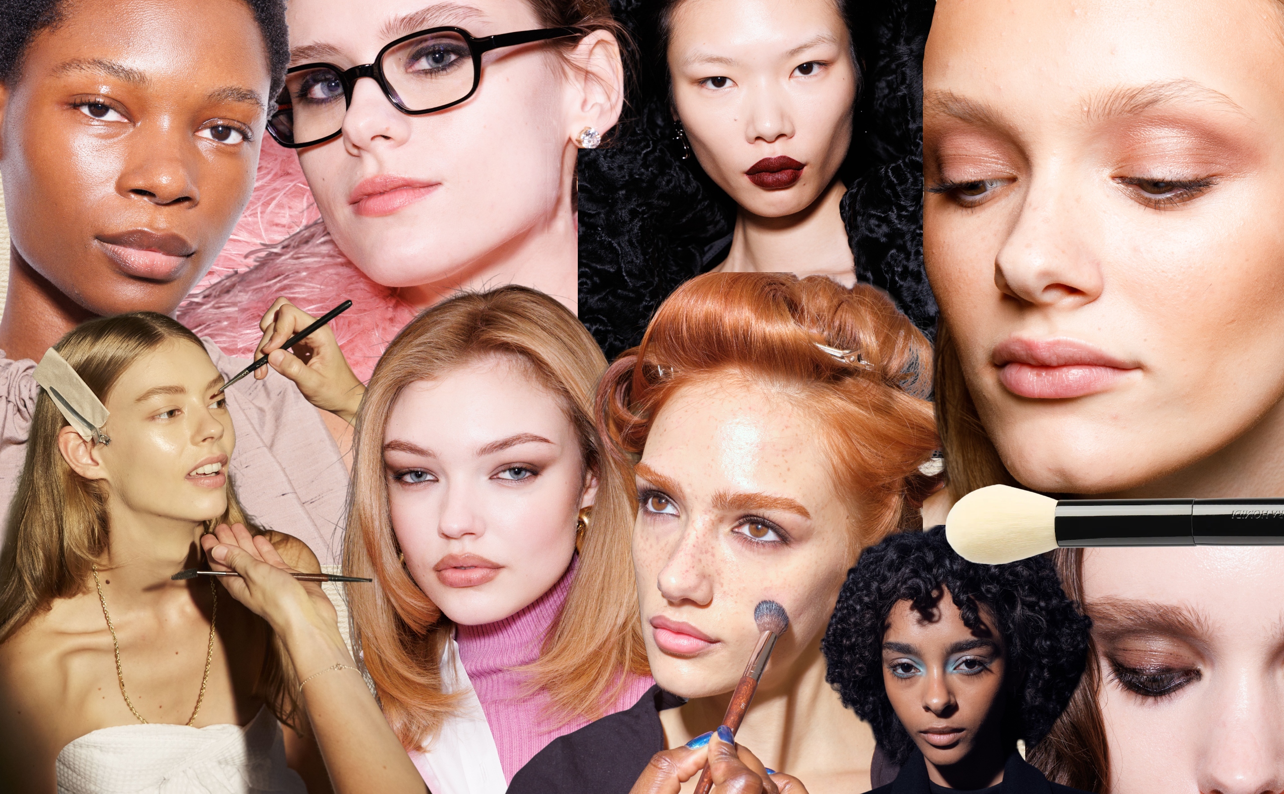 Collage of makeup looks with glowing skin, softly shaded eyes and nude to burgundy lips, plus close-ups of brushes and backstage application