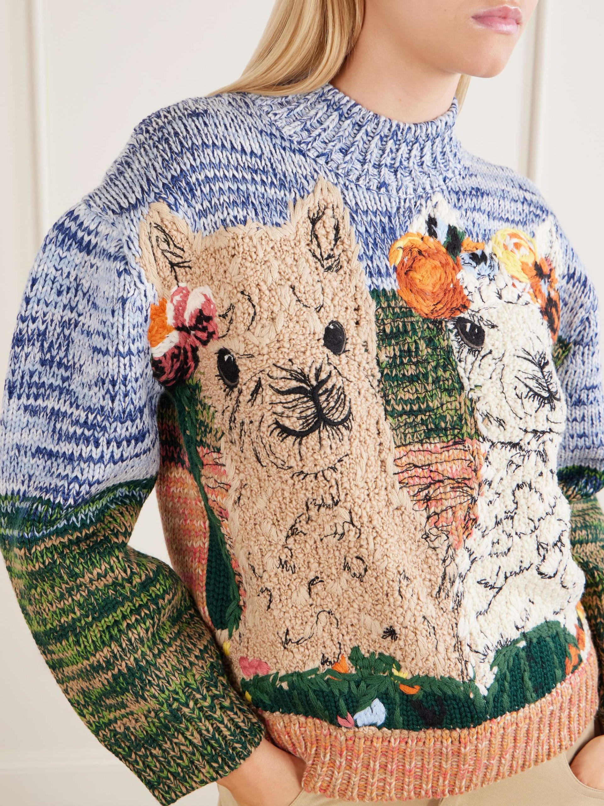 M&eacute;lange Knitted Embroidered Wool Sweater