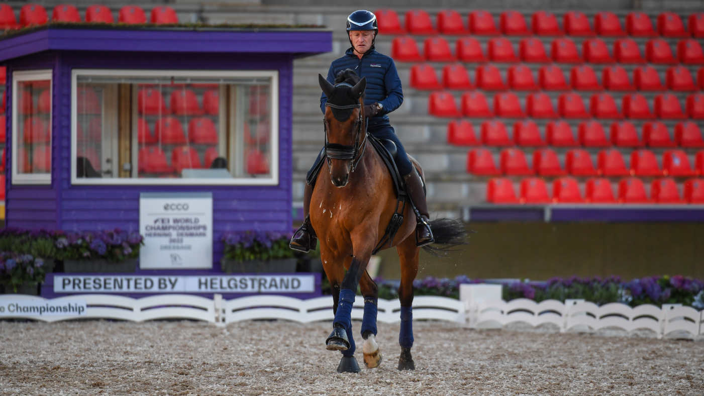 Richard Davison and Bubblingh during the arena familiarisation at the World Dressage Championships in Herning