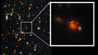 Lots of stars and galaxies speckled across a dark background. One of the galaxies is enlarged in a boxout.