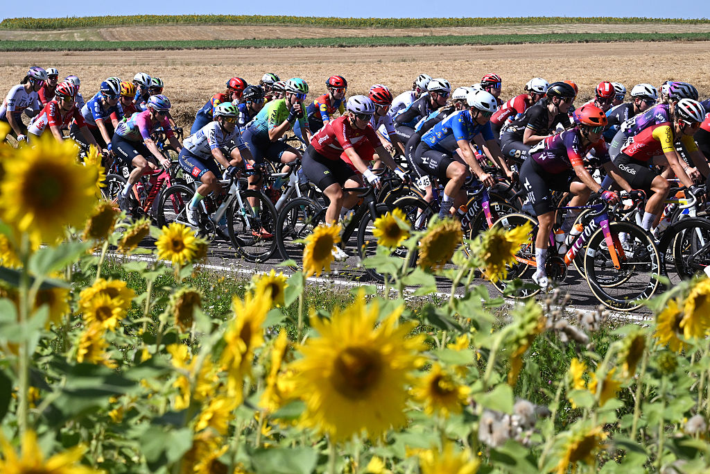KRASNIK, POLAND - AUGUST 14: (L-R) Argiro Milaki of Greece and Team Aromitalia 3T Vaiano, Anna Serop of Denmark and Team Denmark, Kathrin Schweinberger of Austria and Team Human Powered Health - Blue Most Active Rider Jersey, Victorie Guilman of France and Team Cofidis Women, Linda Zanetti of Switzerland and Team Uno-X Mobility and a general view of the peloton competing during the 13th Tour de Pologne Feminin 2025, Stage 3 a 128.2km stage from Naleczow to Krasnik on August 14, 2025 in Krasnik, Poland. (Photo by Szymon Gruchalski/Getty Images)