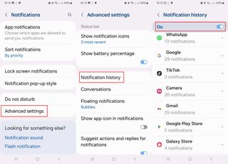 Steps to access notification history on a Galaxy phone