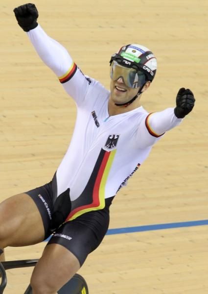 Robert Forstemann celebrates the sprint bronze with half a lap to go