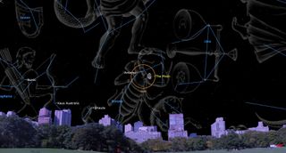 night sky map showing the moon shining to the right of Antares.