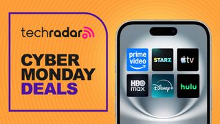 A phone with logos for many streaming services, including Prime Video, Apple TV, Hulu and HBO Max, with a sign saying Cyber Monday deals