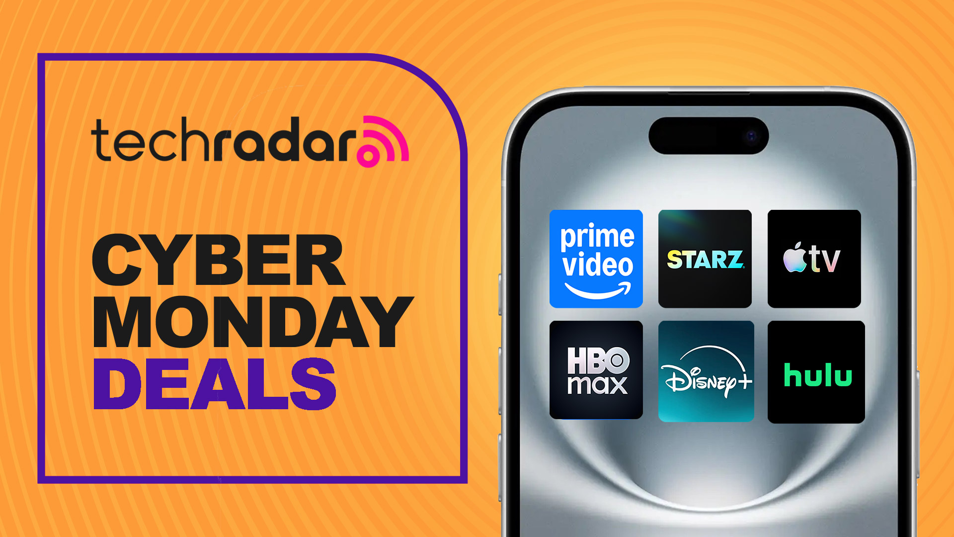 A phone with logos for many streaming services, including Prime Video, Apple TV, Hulu and HBO Max, with a sign saying Cyber Monday deals