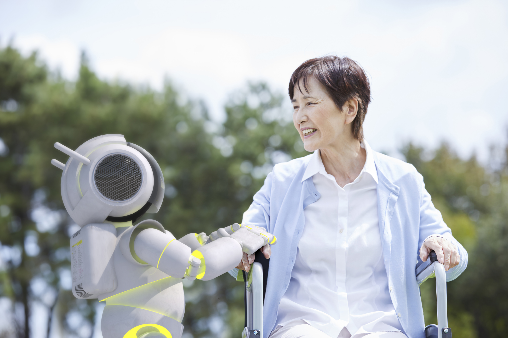 Senior Woman In A Wheelchair And A Care Robot or AI Companion.