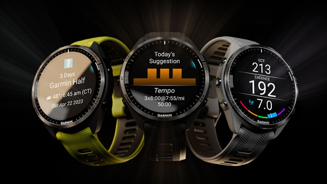 Garmin Forerunner 965 watch in three colorways on black background