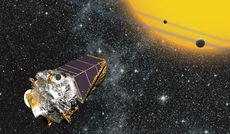 An artist's illustration of NASA's Kepler space telescope observing alien planets in deep space.