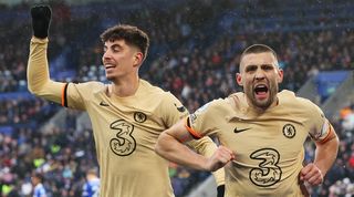 Kai Havertz and Mateo Kovacic celebrate one of Chelsea's goals in the 3-1 win at Leicester in the Premier League in March 2023.